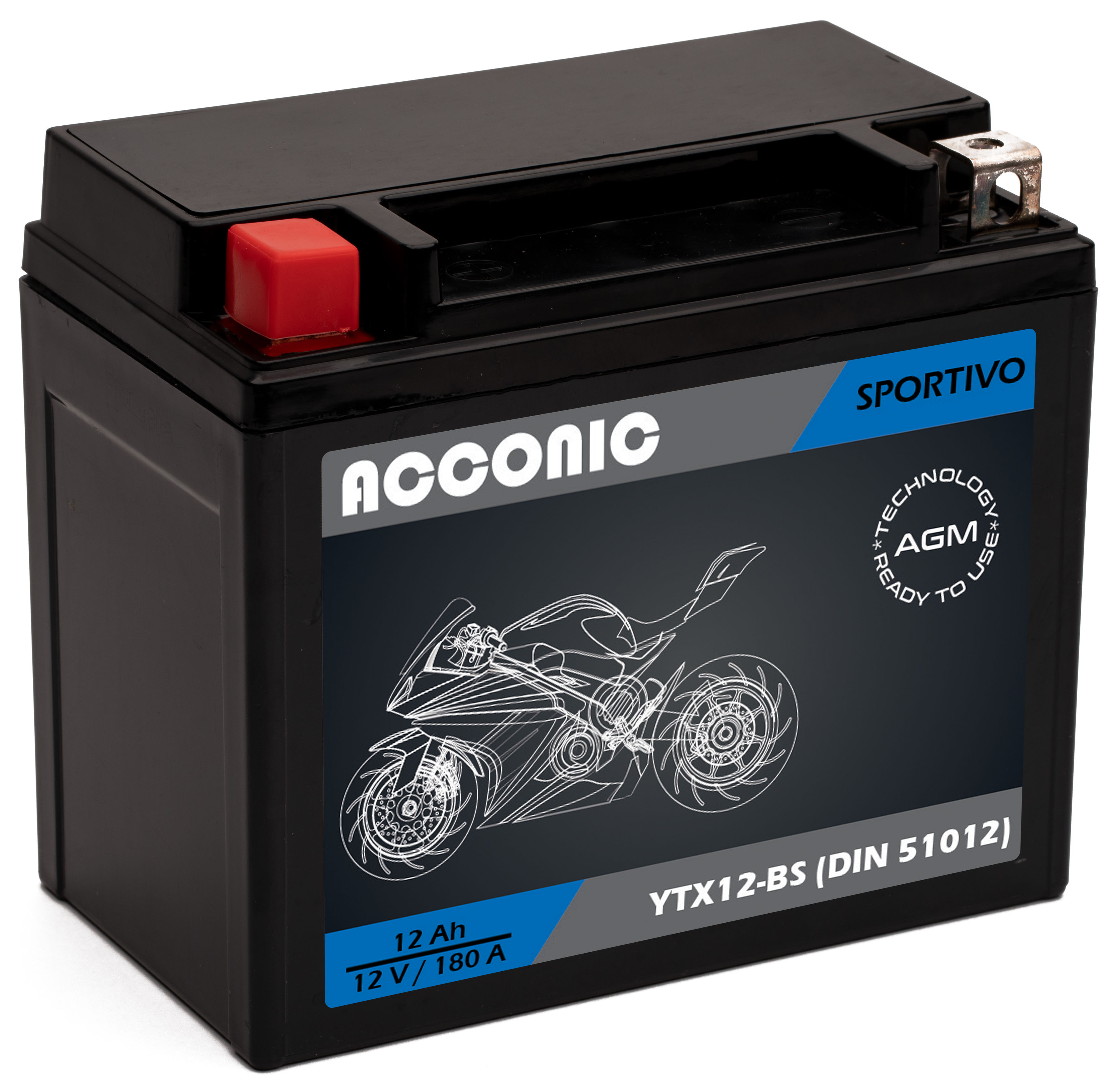 ACCONIC Sportivo AGM YTX12-BS Motorradbatterie 12Ah 12V (DIN 51012)